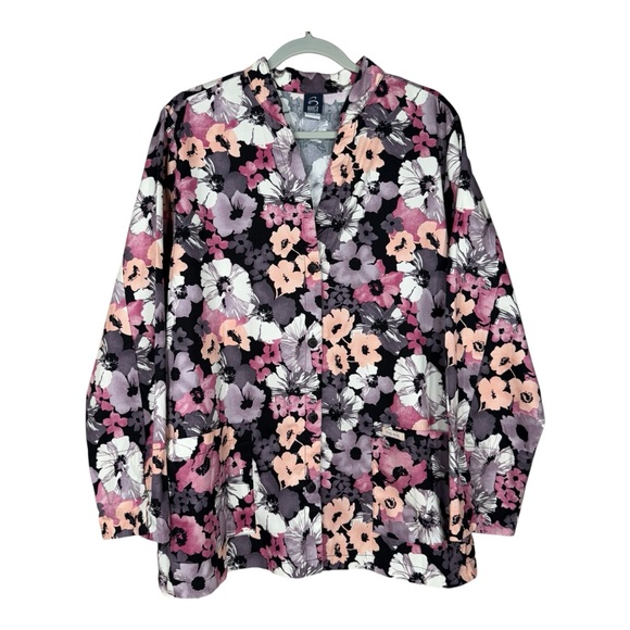 Barco Uniforms Riverwashed Black Pink Purple Floral Scrub Jacket Size L - Picture 1 of 12